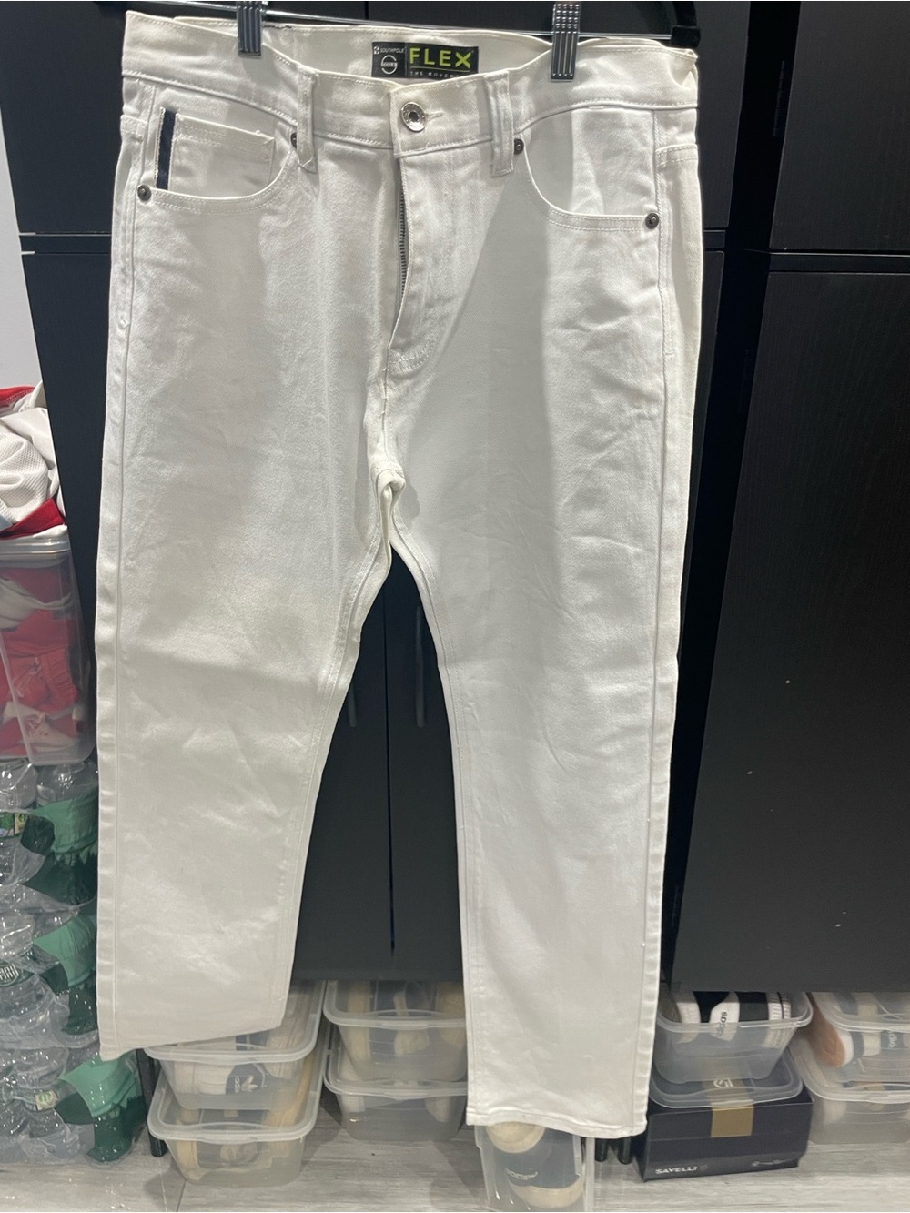 Southpole White Jeans with Black Leather Patch